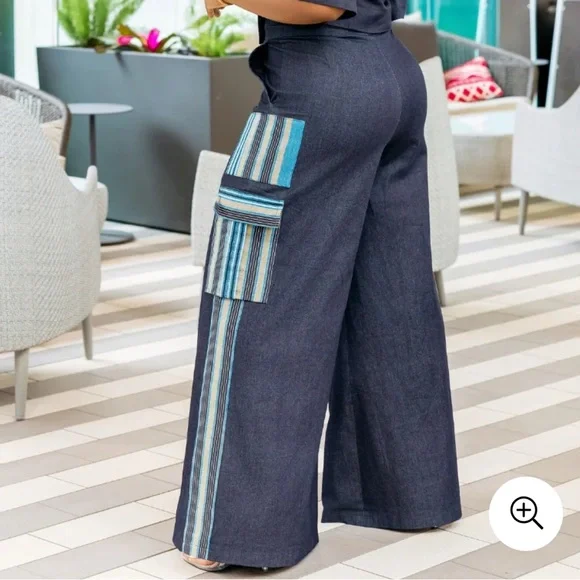 Lux by Elior - Wide-Leg Denim Pants with Striped Accents - Picture 1 of 5